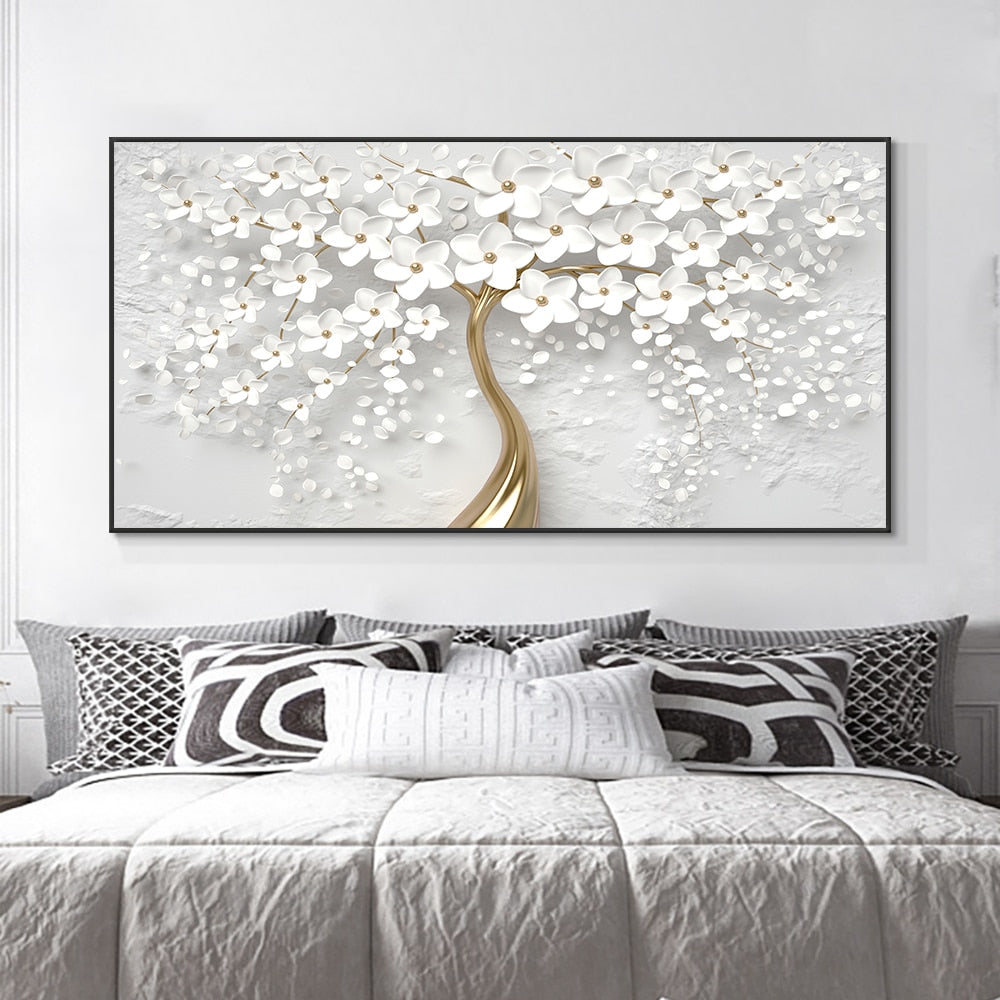Abstract 3D White Flowers Canvas Painting