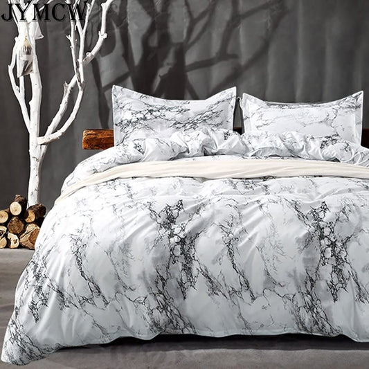 Bedroom bedding (2/3 piece set) white marble pattern printed quilt cover and pillowcase, quilt cover &amp; pillowcase (no sheets)