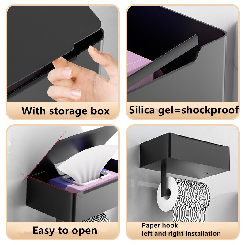 Wall Mount Toilet Paper Holder with Phone Shelf Aluminum Alloy Tissue Roll Storage Shelf Kitchen Bathroom Accessories