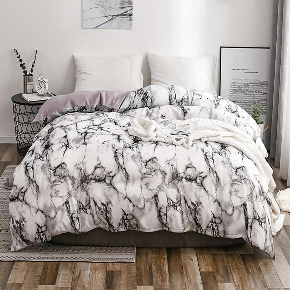 Bedroom bedding (2/3 piece set) white marble pattern printed quilt cover and pillowcase, quilt cover &amp; pillowcase (no sheets)