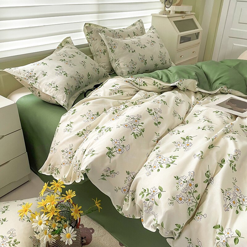 Floral Printed Duvet Cover Set with Sheet Pillowcases Warm Cute Cartoon Bed Linen Full Queen Size Home Gift Bedding Set